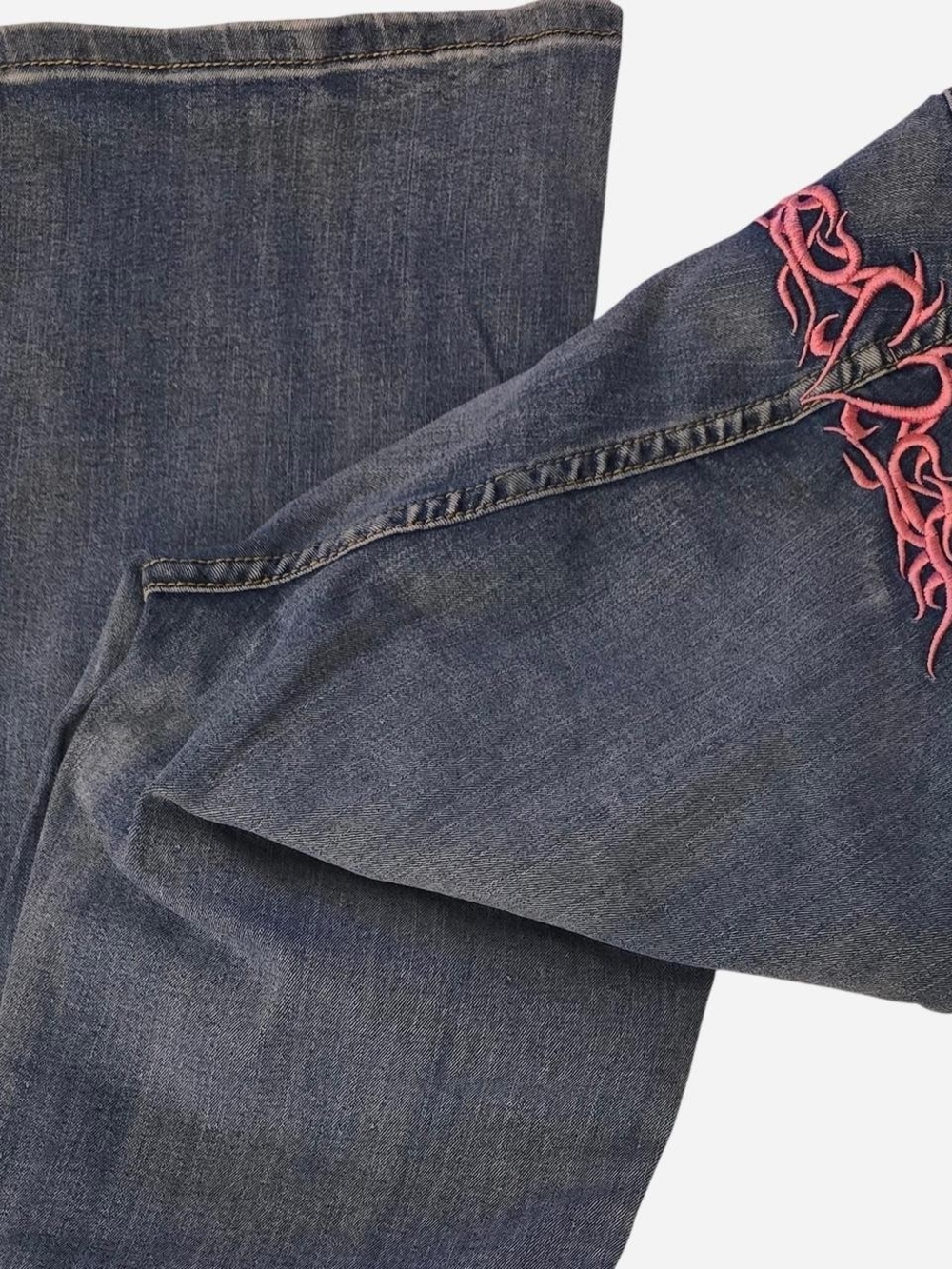 Women’s Y2k  Blue Flare Jeans with Pink Embroidery